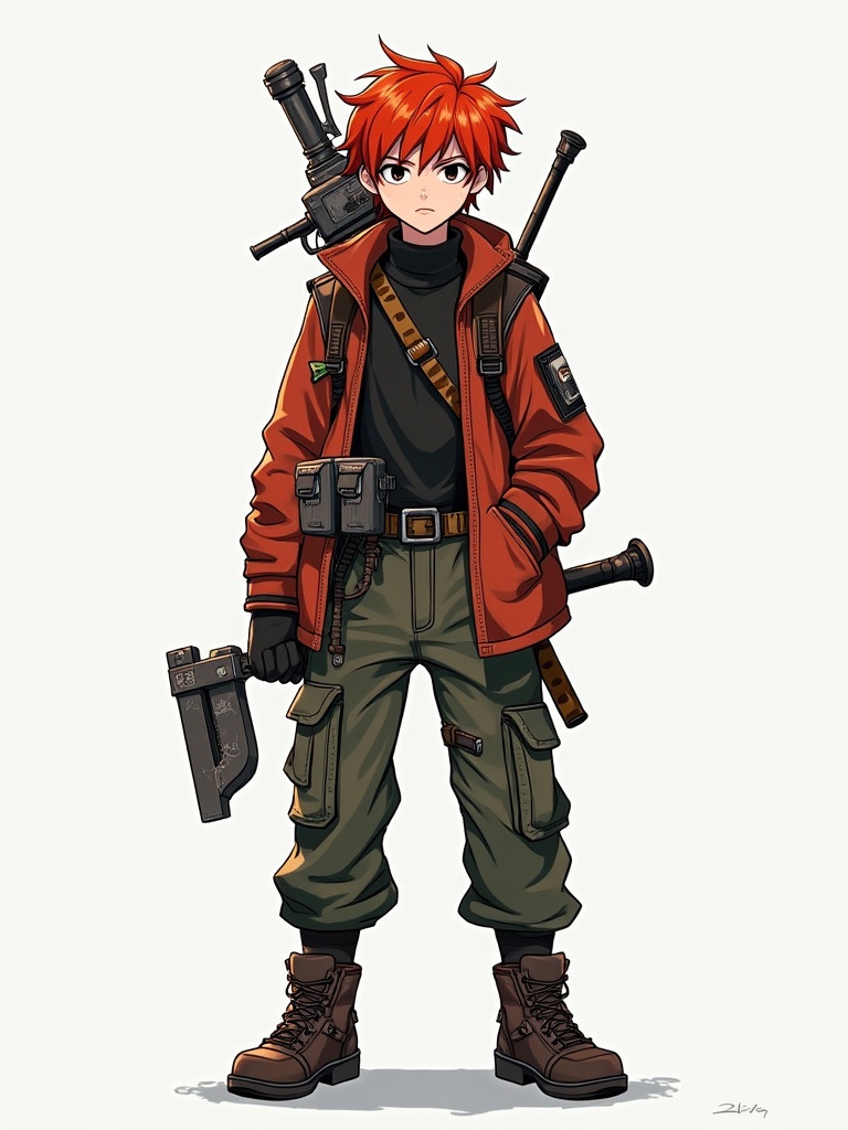 Anime-style boy character with red hair and black eyes. He wears cargo pants and a detailed jacket. Lots of props and weapons are present on his person. He appears not very happy.