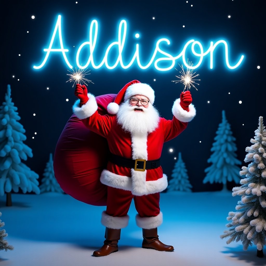 Santa Claus in traditional red and white suit holds a glow stick forming the name 'Addison' in bright light. Jolly expression with warmth and holiday cheer. Dark background enhances glow of text. Snowy landscape with pine trees. Christmas magic and joy captured.