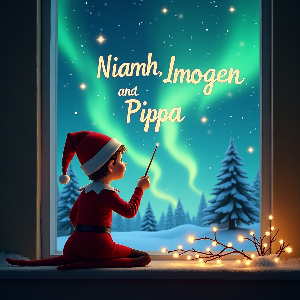 The image shows an elf sitting by a window, wearing a classic red outfit. The elf is using a wand to write the names 'Niamh, Imogen, and Pippa' in the starry sky. Through the window, a beautiful display of northern lights can be seen. The surrounding scenery features snow-covered trees and a cozy ambiance, symbolizing the festive spirit. Subtle twinkling lights add to the magical atmosphere, making it perfect for the holiday season.