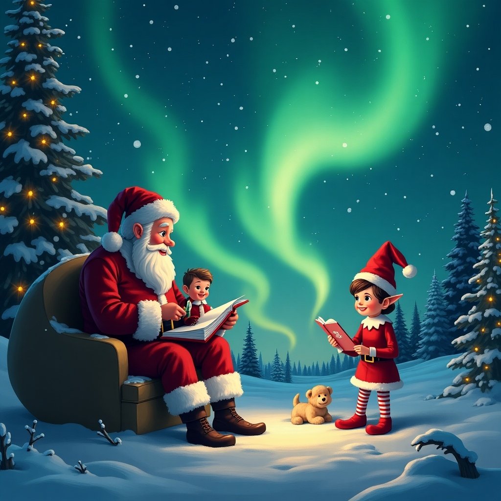 The image depicts Santa Claus sitting in a cozy chair, working with children on a special project. A boy and an elf girl are joyfully engaged with Santa, who is writing. They are surrounded by a snowy landscape illuminated by the vibrant northern lights. A playful puppy adds charm to the scene as it sits at their feet. This enchanting moment captures the magic of Christmas and the joy of the holiday season, reminding everyone of the upcoming festivities and special visits. The sky features a whimsical message that reads 'Sophia, Henry, and Hugo see you soon,' adding a personalized touch to this delightful illustration.