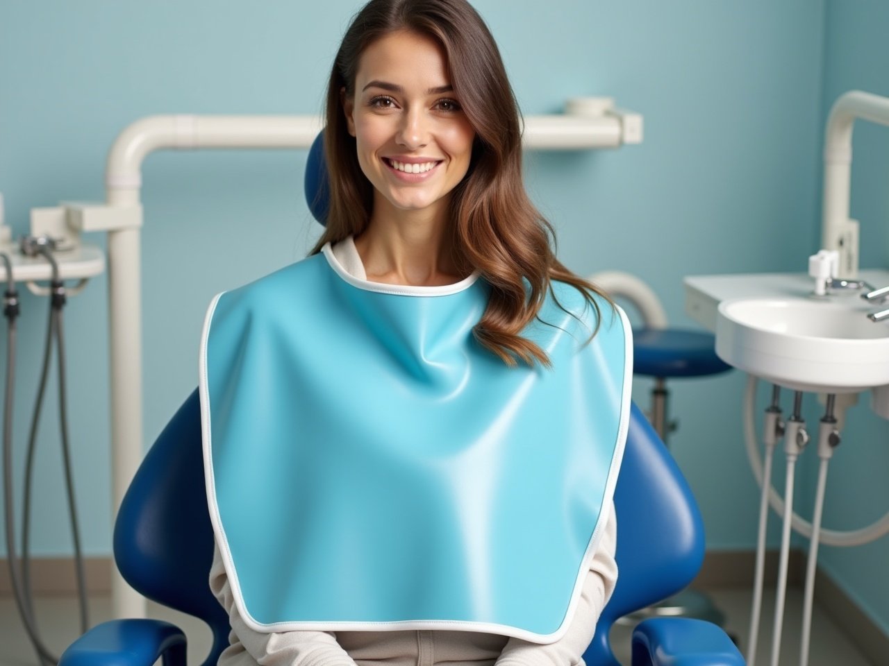 The image shows a young woman sitting comfortably in a dental chair, smiling at the camera. She is wearing a light blue dental bib and has long, flowing hair. The backdrop is a calming light blue, typical of a dental office environment. Various dental tools and equipment are visible in the background, signifying a dental practice. The overall atmosphere is bright and welcoming, suggesting a positive dental experience.