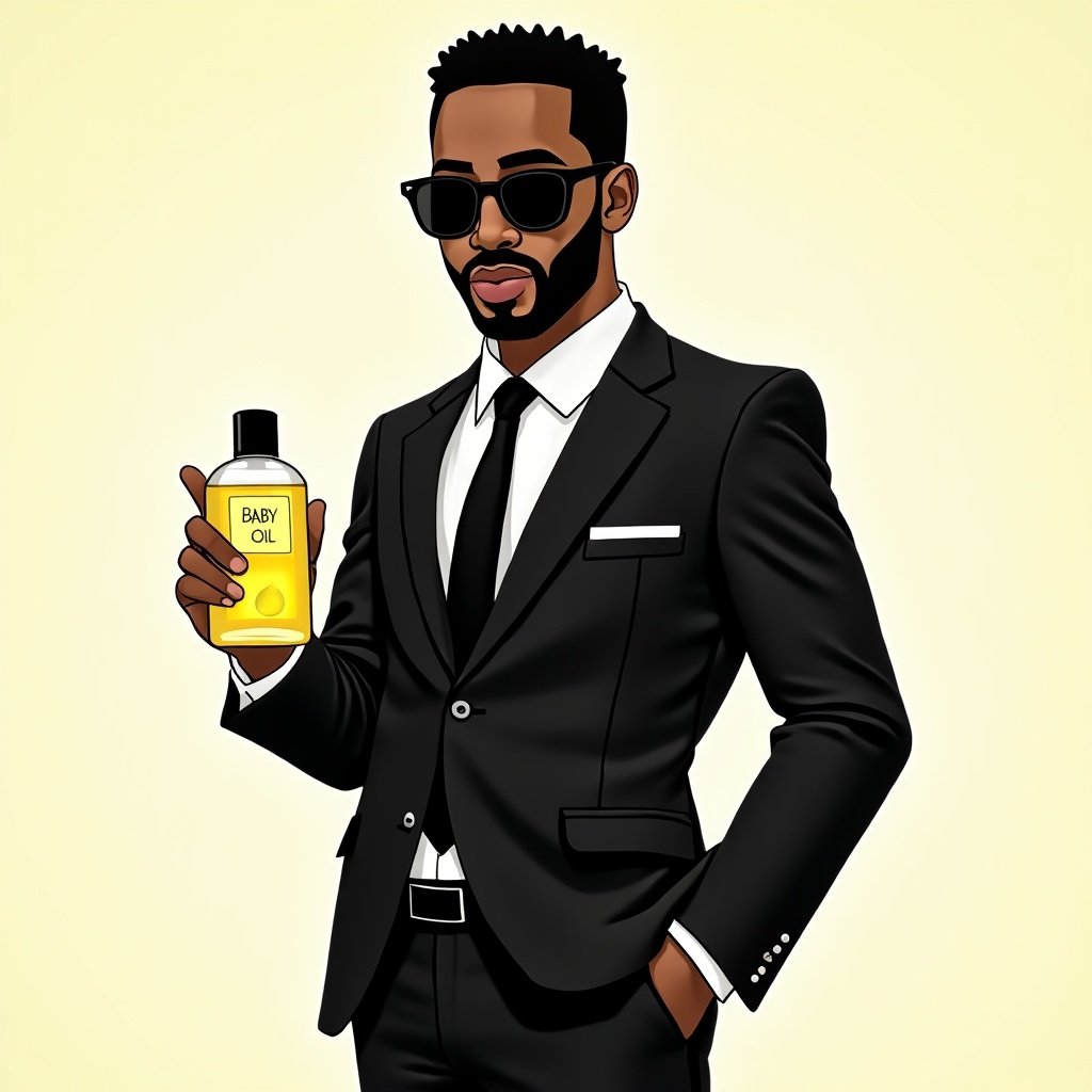 Stylized illustration of a man in a black suit. Man holds a bottle labeled baby oil. Sunglasses are worn. Short curly hair is visible. Cartoonish design with a confident pose.