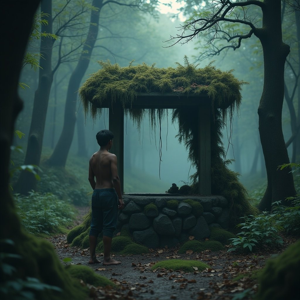 A young man stands near an old, broken well. The scene is in a dense forest. The well is covered with moss and vines. Dark shadows surround the area. The young man looks curious and slightly tense.