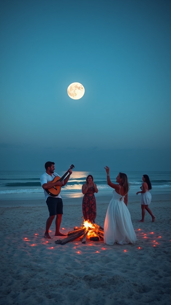 A serene beach setting under a full moon features a small group of people gathered around a bonfire. The warm glow of the firelight contrasts with the cool blue tones of the sky and ocean. One person plays a guitar while others appear engaged in joyful dance and conversation, creating an atmosphere of relaxation and camaraderie.