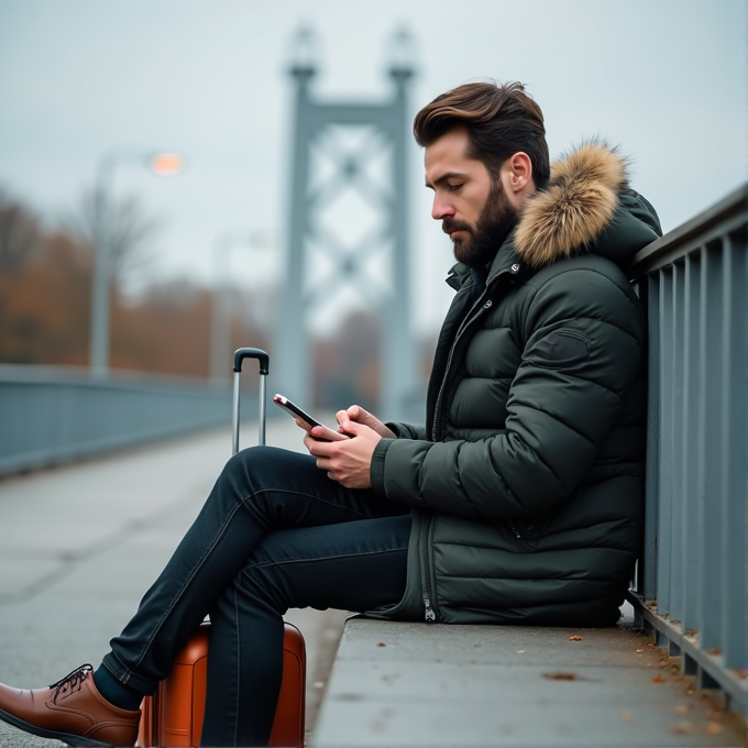 A man in a fur-lined dark jacket sits on a bridge, engrossed in his phone, with a suitcase beside him.