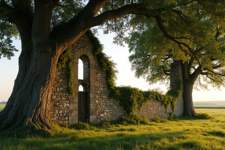 Archaic ruined wall with two large box trees. Crowns of trees cover ruins like a tent roof. Ruin overgrown with wild vines and moss. Weathered stones missing in some places. Side of ruined wall has small Romanesque double lancet window. Background shows a wide plain with fields. Scene during a sunny late summer's day. Last rays of sunlight illuminating wall and treetops. Few rays of sunlight on the ground.