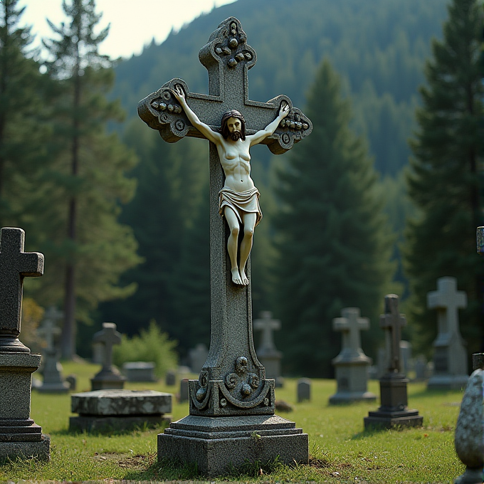 A stone crucifix stands in a serene cemetery with tall trees in the background.