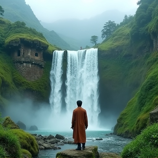 A person stands in front of a beautiful waterfall. The waterfall is surrounded by lush greenery. The person is wearing traditional clothing. The setting is serene and picturesque. Misty mountains are in the background. Ancient ruins add a sense of adventure and tranquility.