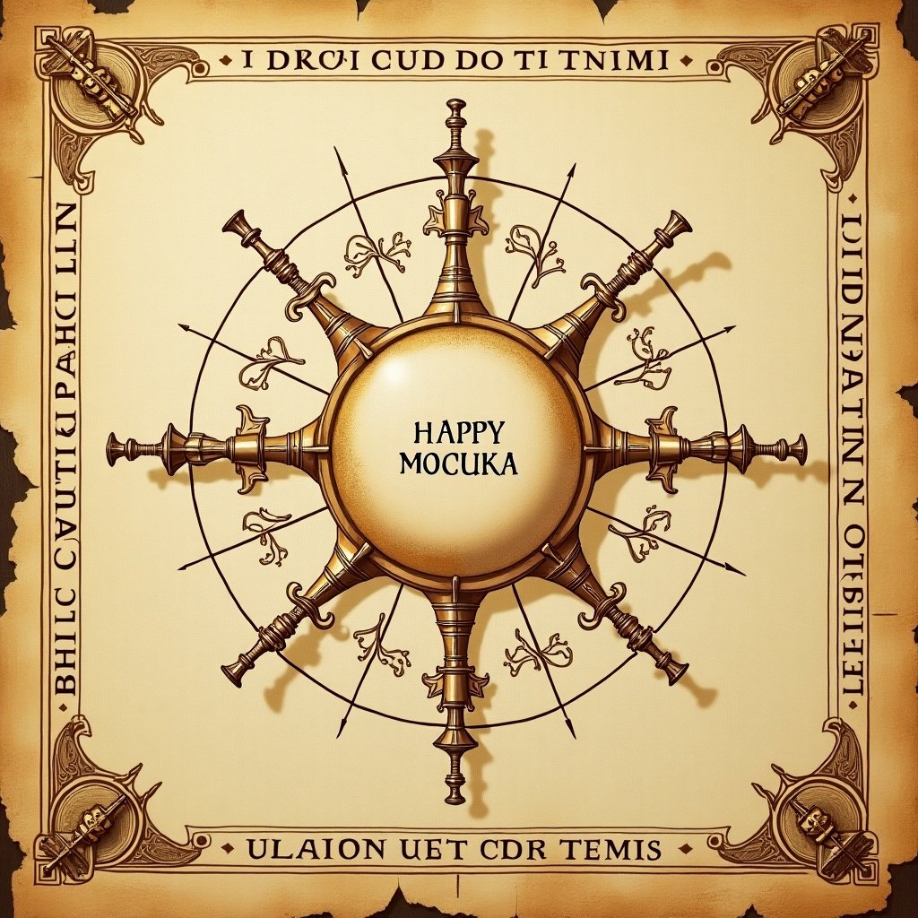 An ancient holiday season card designed like a Leonardo da Vinci technical drawing. Background resembles parchment paper. The text reads Happy Holidays and warm wishes for the New Year from inventa.