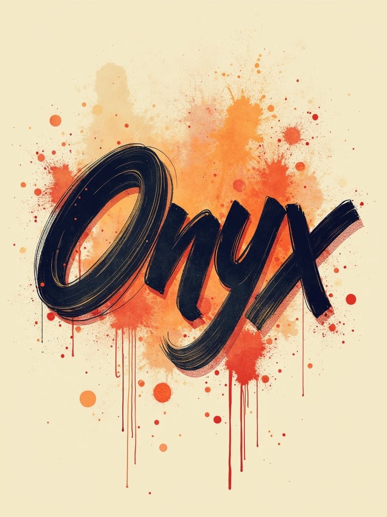 Elegant graffiti cursive font displays the word 'Onyx'. Splash of colors in the background with orange and red hues. Dark, bold lettering contrasts with light background.