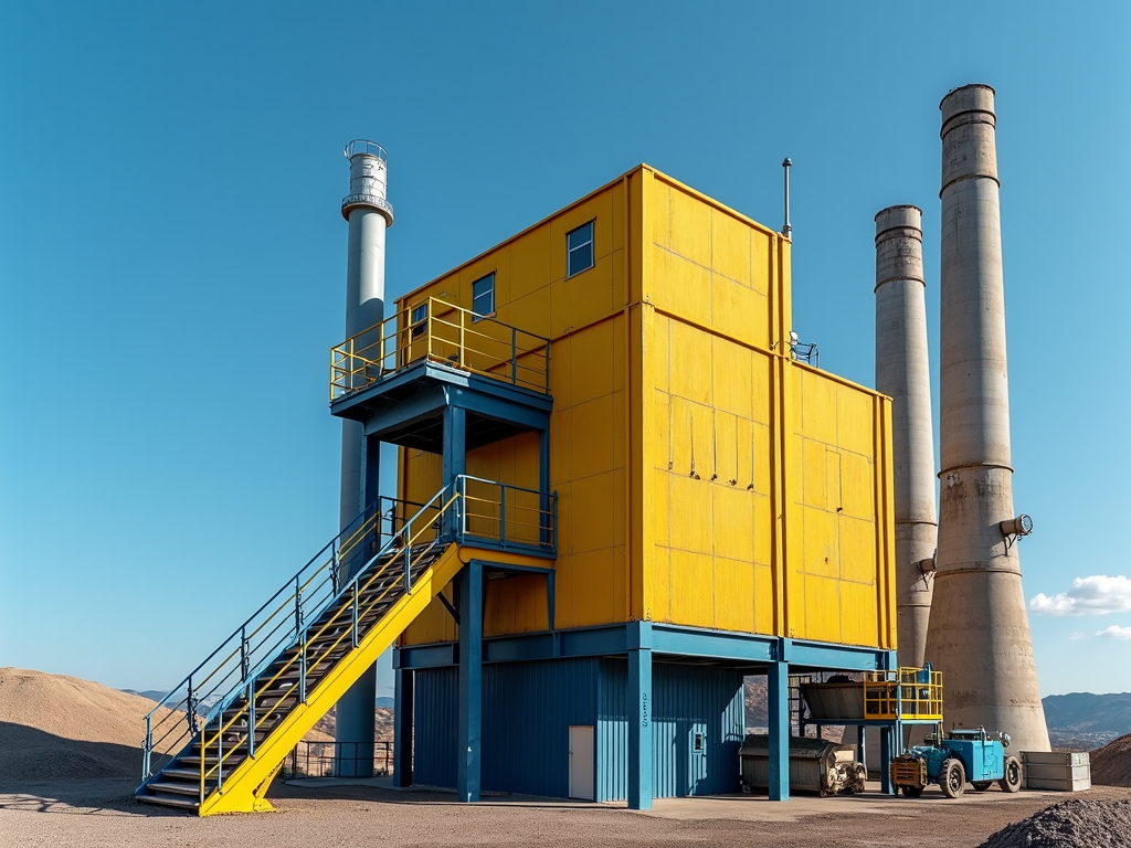 A vibrant yellow industrial building stands in stark contrast to a clear blue sky, with smokestacks towering above and a blue truck parked by its side.