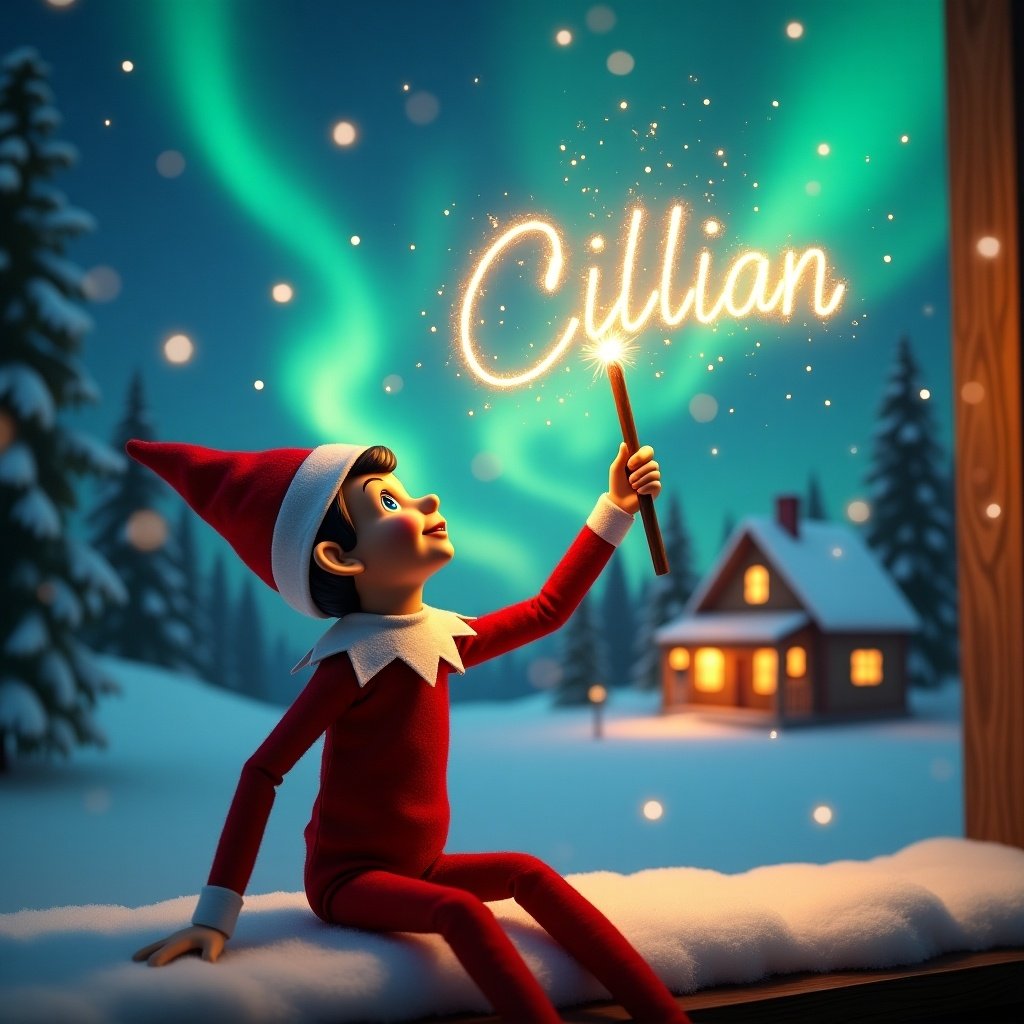 Elf holding a glowing wand in a snowy landscape. Northern lights swirl above. Cozy house in the background. Name 'Cillian' appears in the air. Spirit of Christmas magic and wonder.