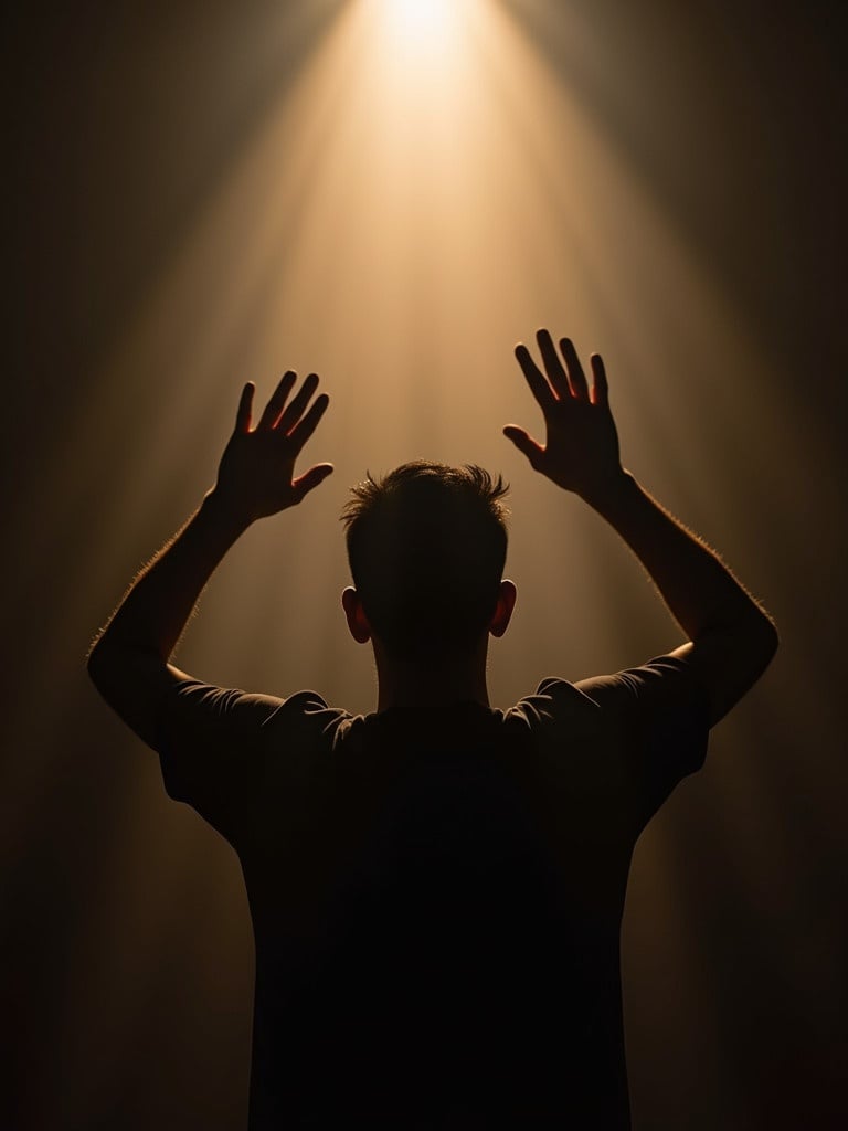 Silhouette of a person with raised hands facing away from the camera Dramatic backlighting creates a striking effect