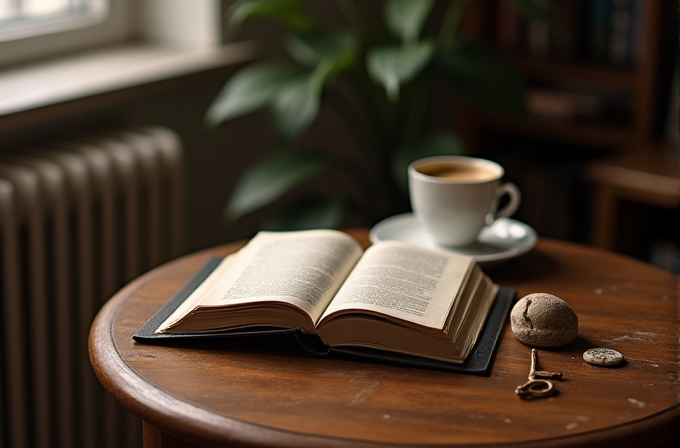 An open book sits on a wooden table beside a cup of coffee, accompanied by a stone, a key, and a round object with a plant in the background.