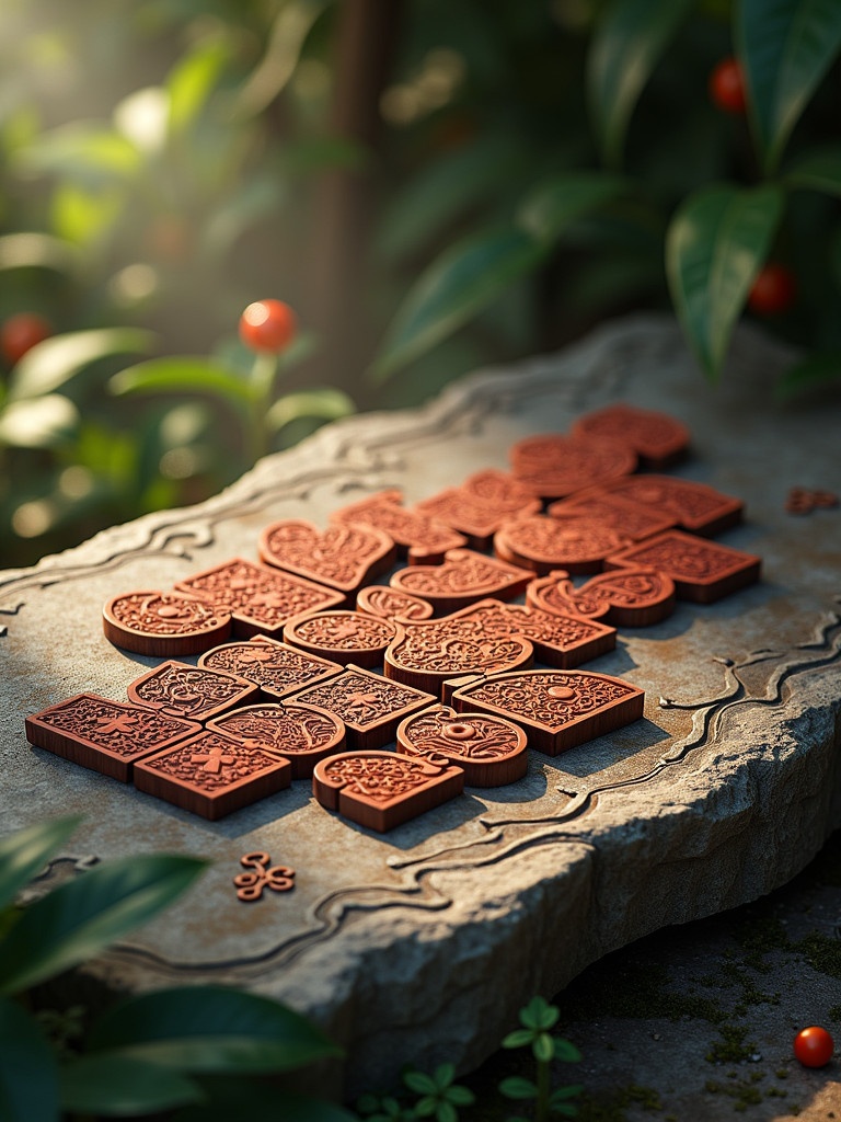 Exotic wooden tangram puzzle pieces are intricately carved. Ornate Asian motifs are present. Scattered across a worn stone tablet with etched Chinese calligraphy. Surrounded by lush greenery and misty effects. Evokes a mystical ancient Asian setting. Render with hyper-realistic detail. Features a deep rich color palette and subtle textures. Captures vibrant complementary colors under golden soft lighting. Achieves a quality similar to 8K resolution.