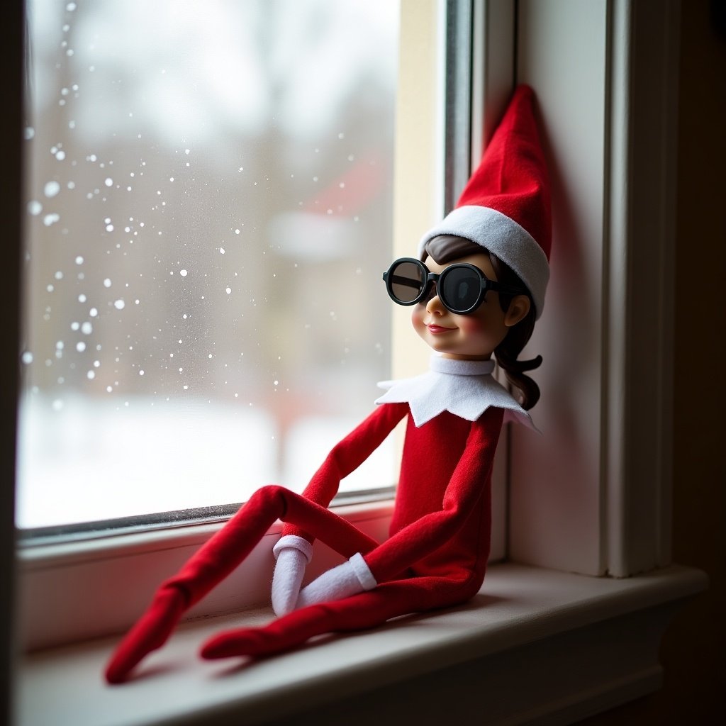 An elf on the shelf wearing sunglasses sits on a windowsill. The background shows a snowy landscape. The elf has a playful demeanor and is dressed in a red outfit with a white collar.