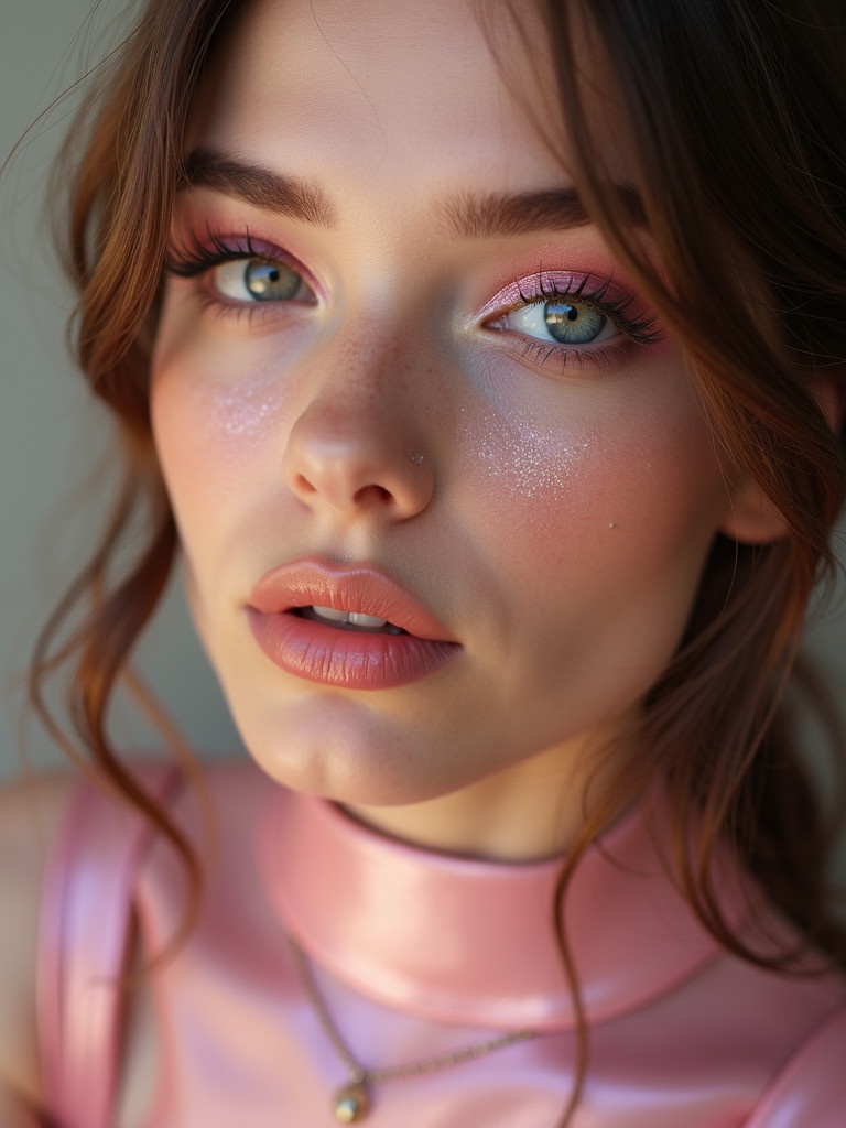 Closeup of a young woman in her twenties with large bright eyes. Eyes have a unique rosy pink hue. She wears pink makeup with soft pastel tones. Her outfit is a stunning leather dress with a shiny finish.