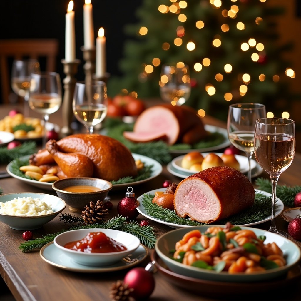 A table beautifully set for a traditional Christmas feast. The table features a variety of foods including roast turkey, ham, side dishes, and festive decorations. The warm ambiance highlights the festive atmosphere suitable for a holiday gathering.