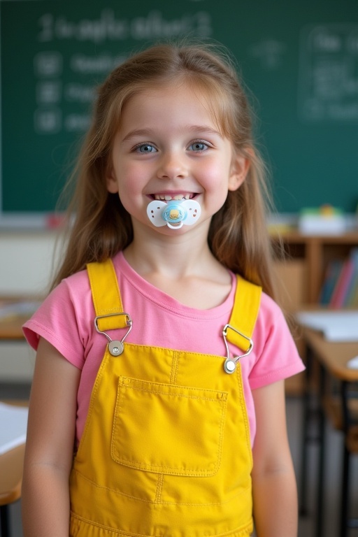 A girl in yellow dungarees stands in a classroom. She has long light brown hair and wears a pink t-shirt. The background shows a blackboard and classroom desks. The girl smiles happily.