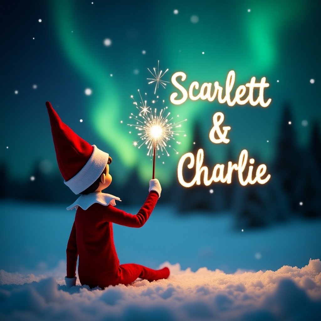 Elf on the shelf with back to viewer in red outfit facing dark sky. Vibrant northern lights and snowy ground. Elf holds magic wand writing names Scarlett and Charlie in sparkling letters. Magical and festive atmosphere illustrating Christmas joy.