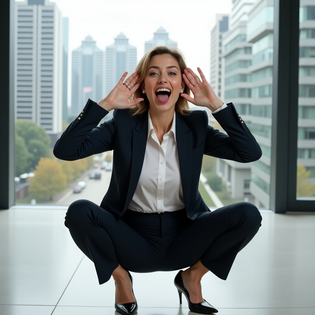 A woman in a stylish black suit is squatting with her legs spread wide and hands behind her head. She is playfully sticking her tongue out, showcasing a confident and carefree attitude. Her expression is lively and fun, making the scene vibrant. Behind her, there are large windows showing a modern cityscape with tall buildings. The lighting is bright and natural, highlighting her features and attire. This pose reflects empowerment and confidence in a business environment.