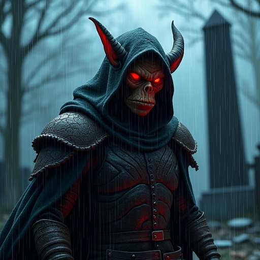 A high-angle shot features a goblin sorcerer with glowing red eyes in textured leather armor. Background displays a fog-drenched graveyard with a towering obelisk. Mood is dark, rainy, and eerie. Style mixes comic-book elements with painterly touch and depth, color grading in neon shades with highlighted features. Includes details of armor and obelisk textures.