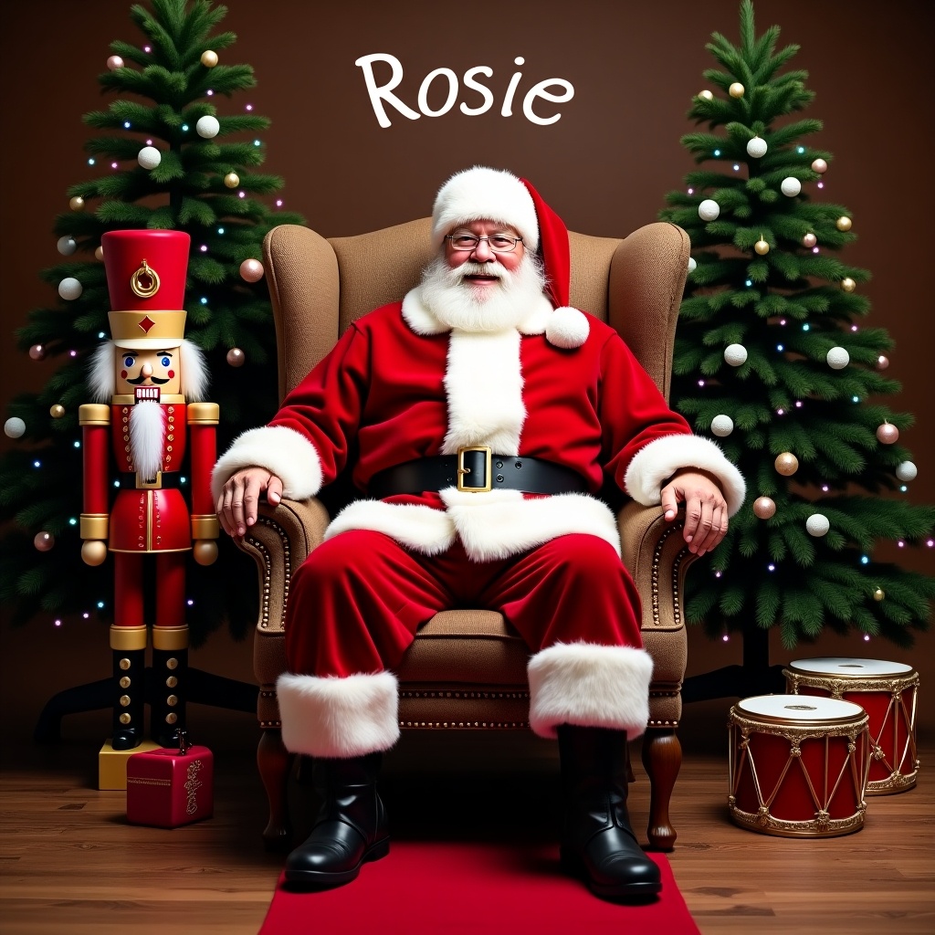 Image shows Santa Claus seated in a regal chair in a festive setting. Traditional red suit and white beard visible. Nutcracker soldier next to Santa. Plush Christmas trees in background. Red carpet on floor leads to Santa. Traditional drums nearby. Warm and inviting atmosphere. Floating name 'Rosie' above Santa.