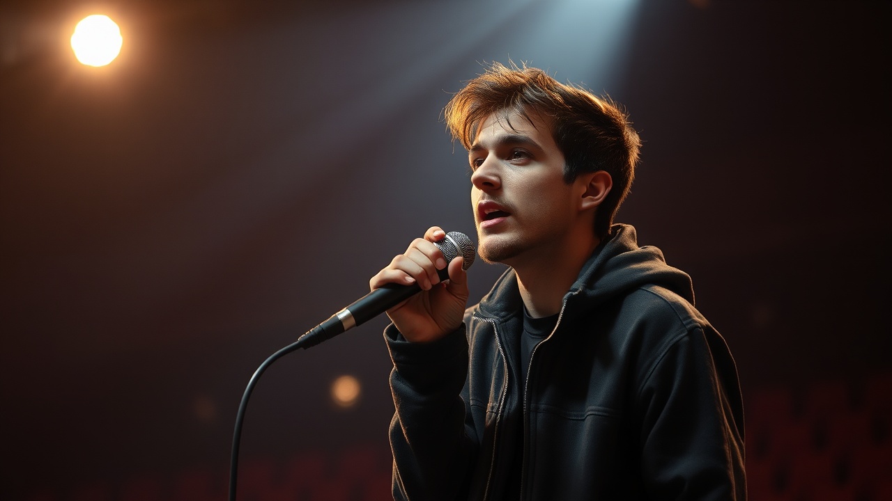 A young man singing on stage with a microphone, dramatic lighting with spotlight effect, focusing on expressions and ambiance of a live performance.