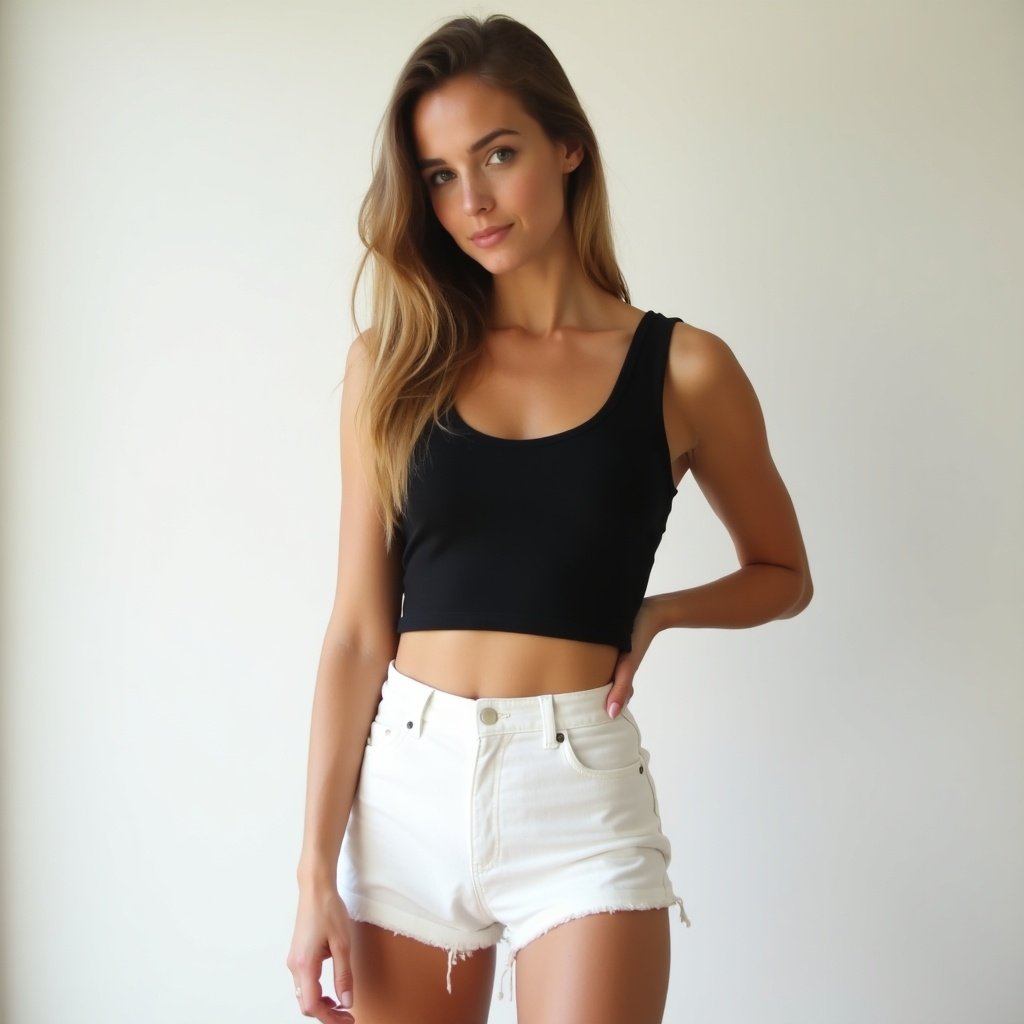 A woman poses confidently wearing a black crop top and white shorts. The backdrop is minimalist, emphasizing her outfit.