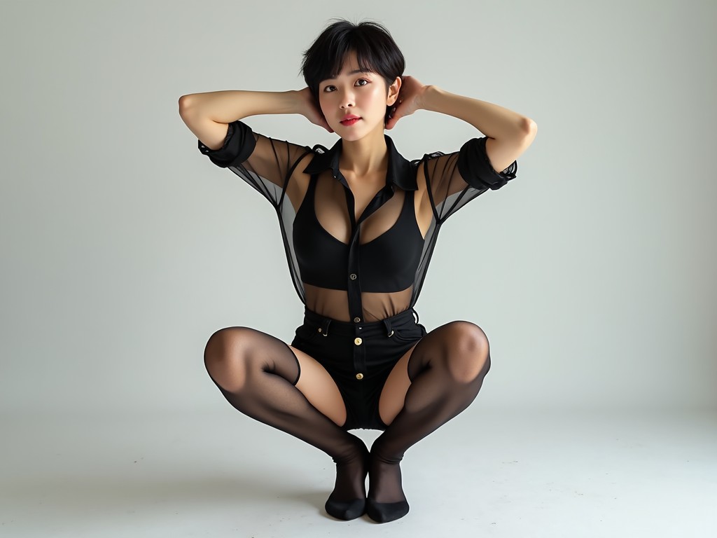 A model in a striking pose wearing a black sheer top and shorts, set against a minimal background.