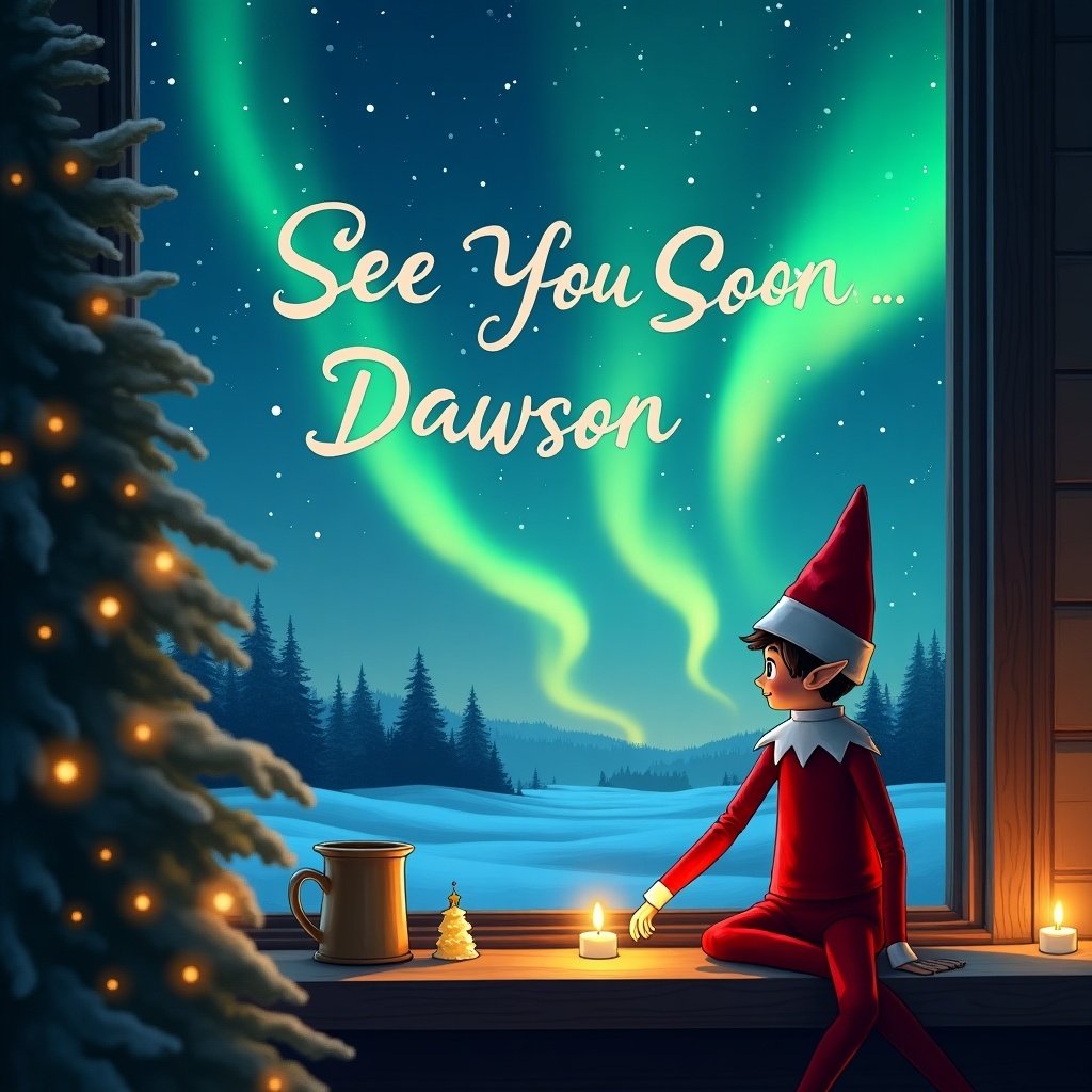 The image features a cheerful elf sitting by a window, gazing out at a stunning display of northern lights in the night sky. The elf is dressed in traditional holiday attire with a pointed hat. On the window, words say 'See You Soon... Dawson,' adding a personal touch. The scene is cozy, with a candle placed on the sill illuminating the elf's smile. Outside, a serene winter landscape unfolds with snow-covered trees. A warm cup rests beside the elf, enhancing the festive atmosphere.