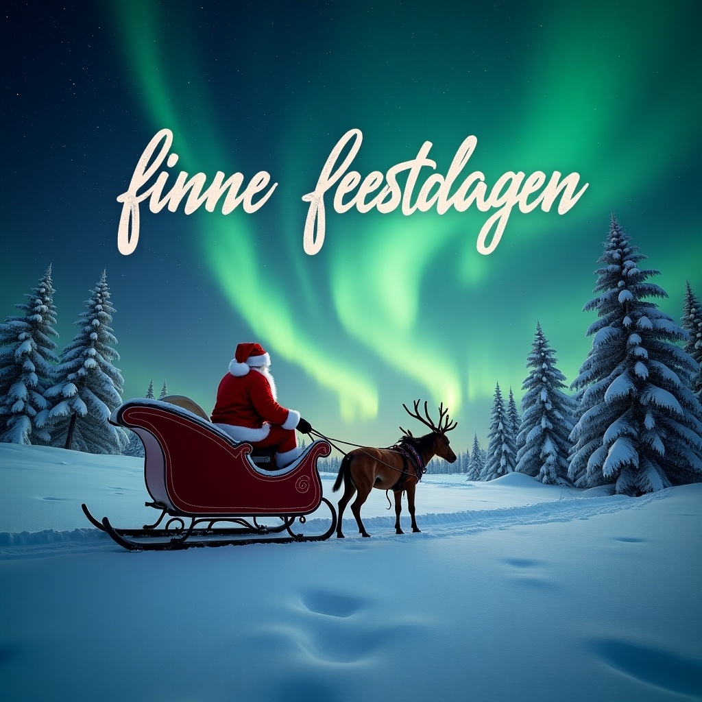 Santa rides a sleigh through a snowy landscape. Auroras glow in the sky. The name 'fijne feestdagen' appears in the sky in italics.