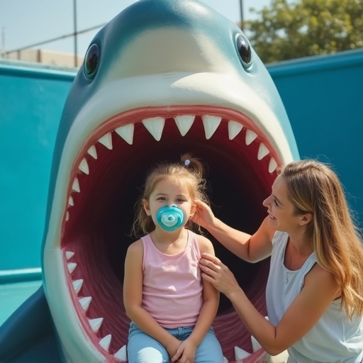 Mother places 10 year old daughter inside shark mouth. Child holds oversized pacifier. Scene shows playful interaction. Bright sunny day.