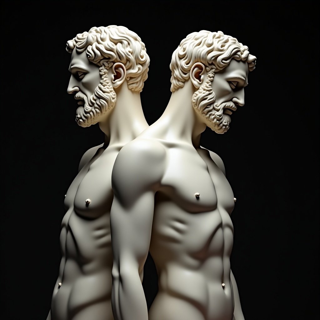 Roman marble musculine statue with two heads on one body rotated in opposite directions. One head is depressed and the other head is happy. The statue has a digitalized look. The background is dark enhancing the statue's features.