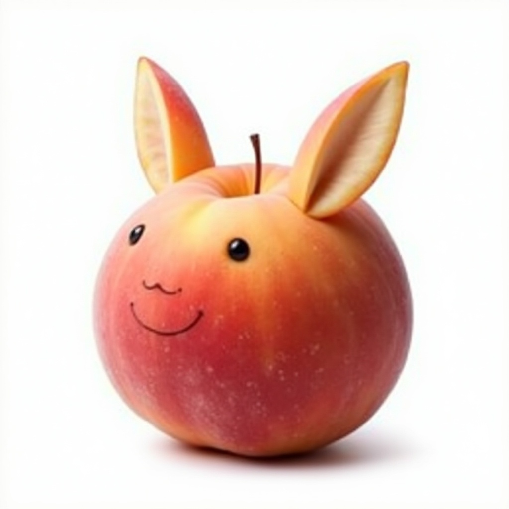 Realistic image of an apple with bunny ears and a smiling face. White background highlights the apple's features.