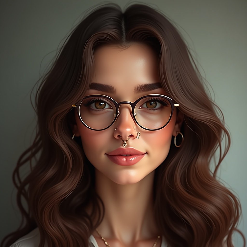 Realistic portrait of a woman with dark brown eyes and long wavy brown hair. She wears round gold glasses and has a nose ring.