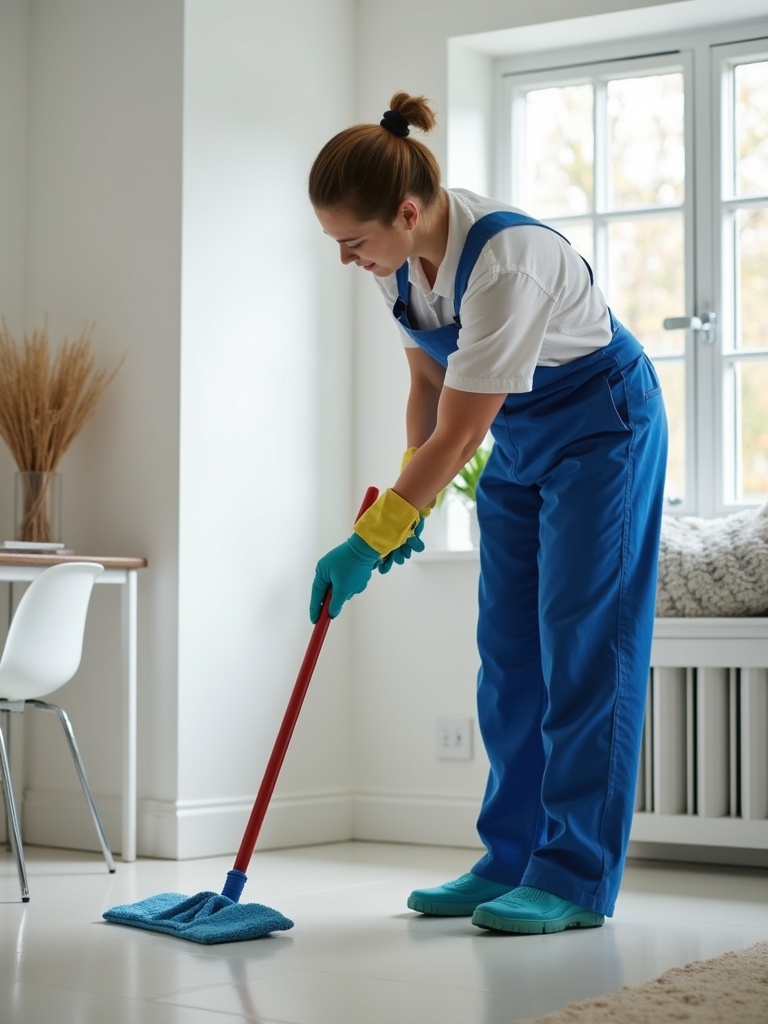 A person is mopping the floor in a bright and airy room. The person wears a blue uniform with yellow gloves and is focused on cleaning. The room has a modern decor with a white chair and natural light.