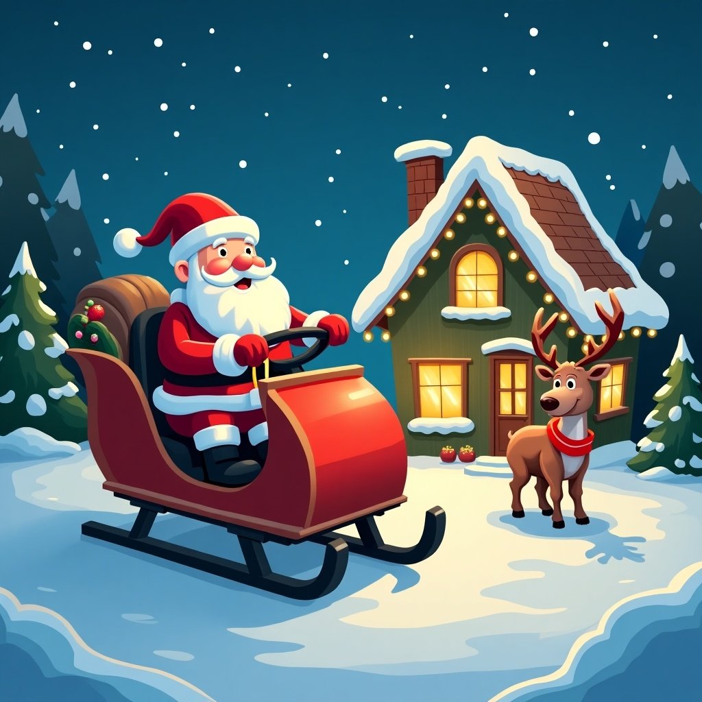 Santa Claus in a go-kart is admiring a house beautifully decorated with Christmas lights. The house features solar panels. Rudolph stands nearby with a bright nose. A traditional sleigh is also present. The scene is in a cartoon style.