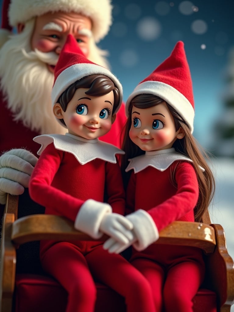 Elf dolls dressed in festive red outfits sit on Santa Claus's sleigh. Soft lighting enhances holiday atmosphere. Background includes snow and cheerful decorations. Focus is on the elves preparing for a Christmas farewell.