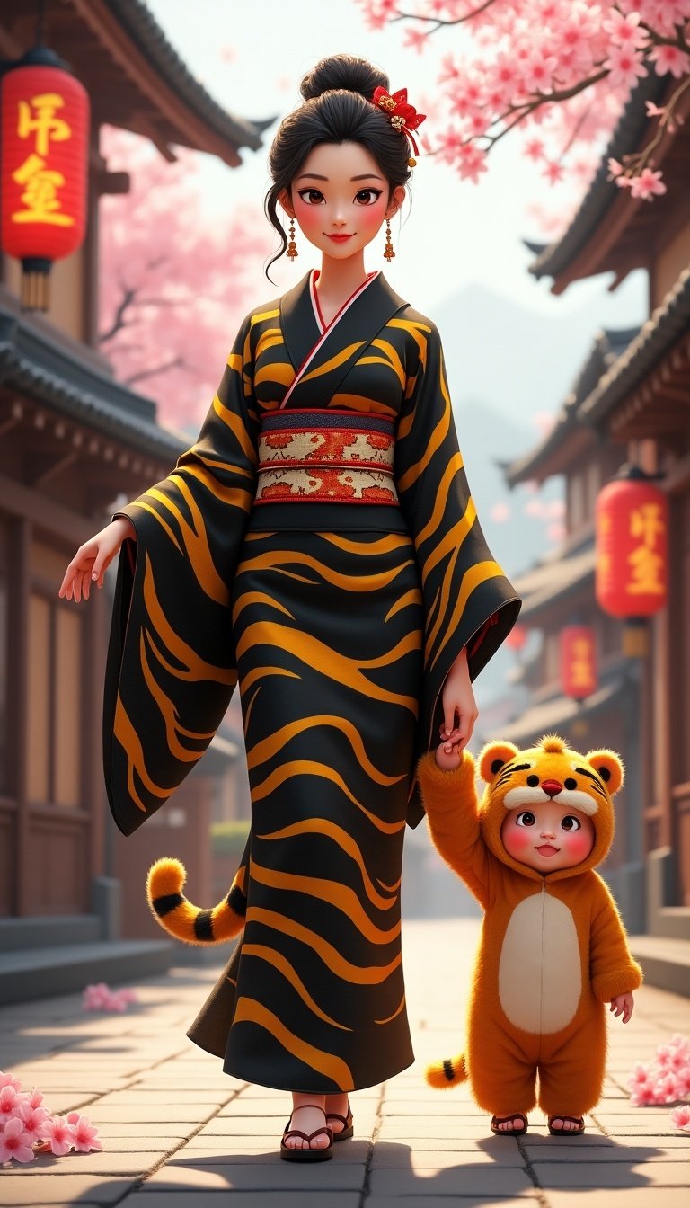 Digital artwork displays a Japanese woman in a tiger stripe kimono. She walks in a traditional village while holding a chubby baby in a tiger costume. Cherry blossoms bloom around them. Wooden houses and lanterns are visible in the background. Warm expressions reflect elegance. Textures on clothing and hair enhance the visual appeal.