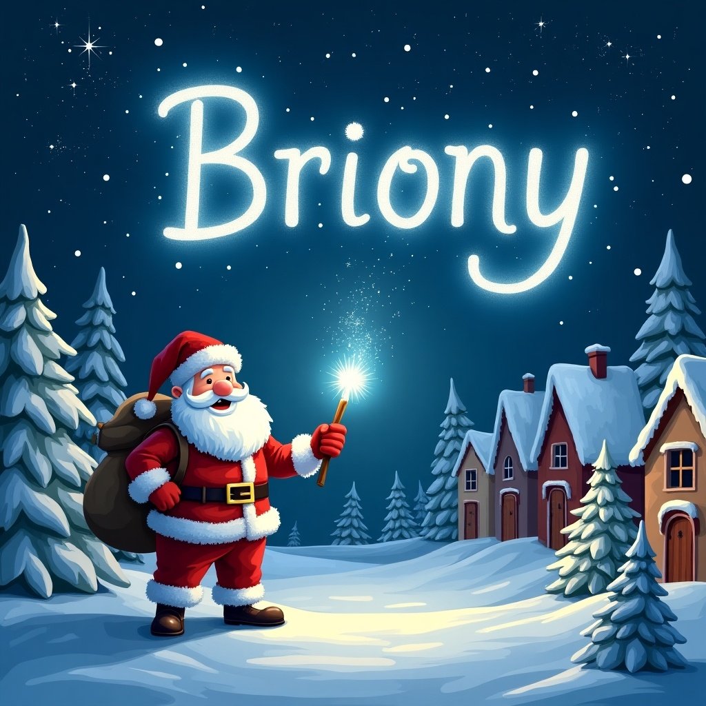 Santa Claus stands in a snowy village holding a glowstick wand. He writes the name Briony in glowing letters in the sky. The background includes snowy trees and charming houses.