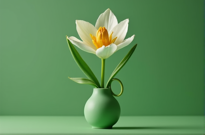 A white and yellow tulip is elegantly arranged in a small green vase against a matching green background, creating a minimalist and harmonious composition.