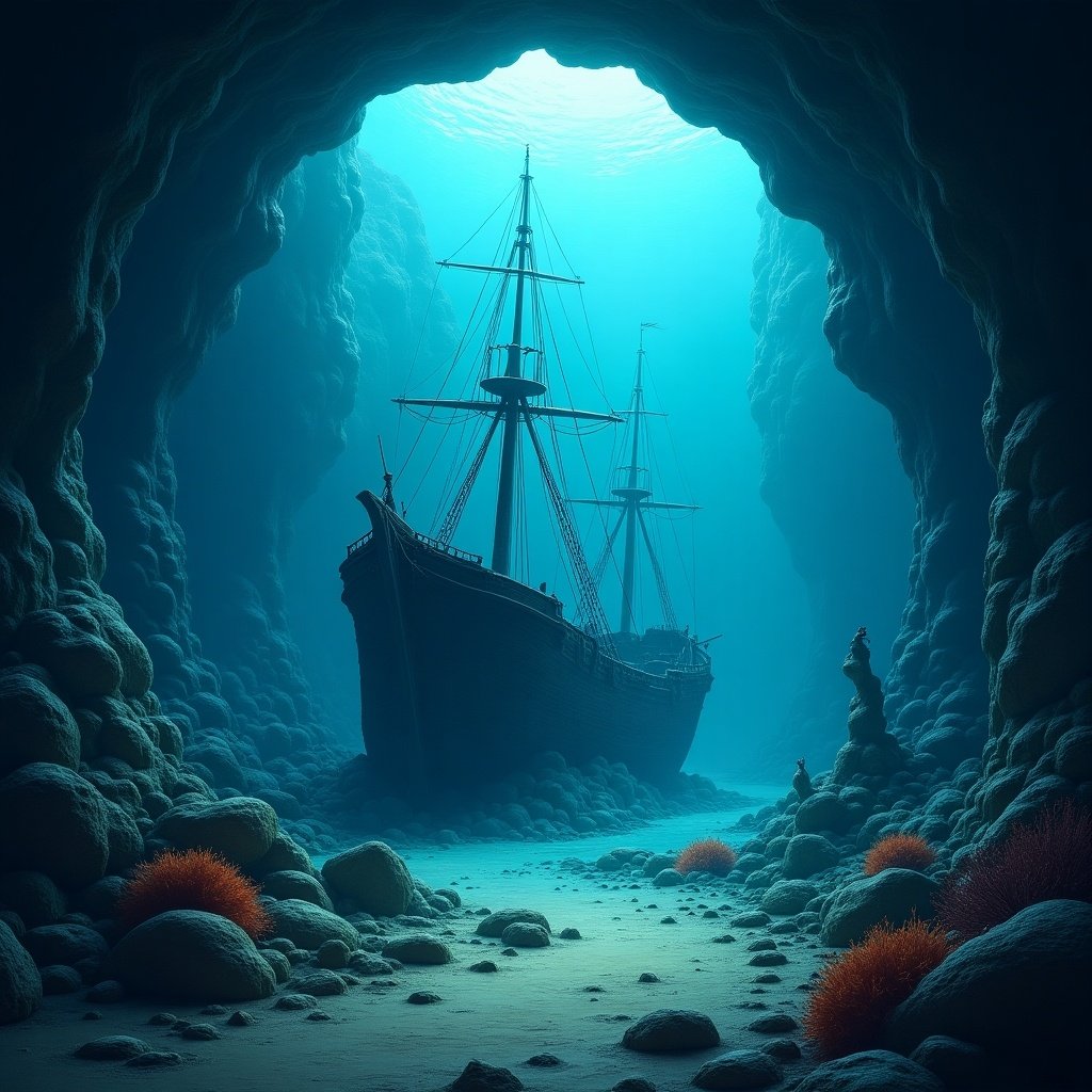 This image depicts a whimsical underwater cave system. In the center lies a shipwreck, surrounded by rocky formations. The cavern is illuminated by soft light filtering from above, giving it a magical vibe. Coral and marine life add vibrant colors to the scene. The atmosphere is serene and inviting for explorers of all ages.