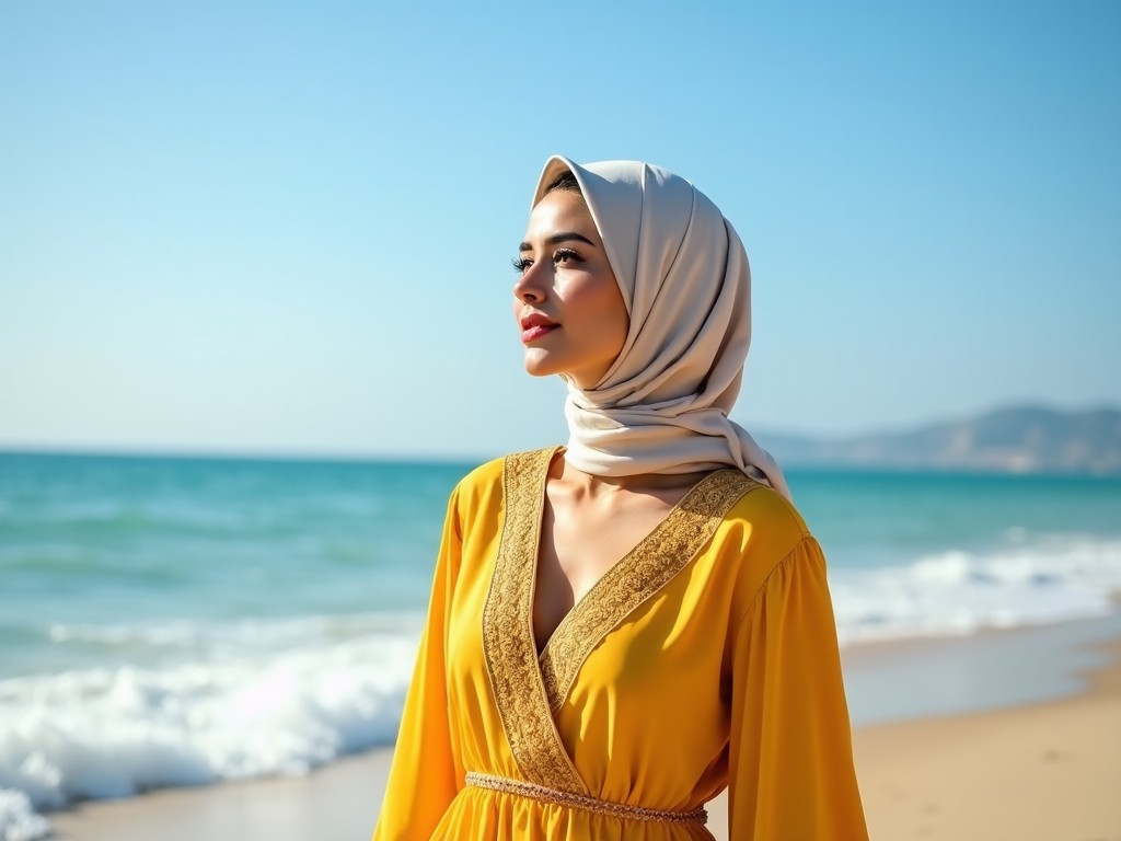 The image depicts a woman standing on a beach, gazing thoughtfully towards the horizon. She is dressed in a striking yellow dress, complemented by a light-colored hijab. The background features a clear blue sky and gentle ocean waves. The moment captures the essence of peacefulness and reflection. The bright sunlight highlights her features and the vibrant colors of her outfit, creating a vivid contrast against the serene beach setting.