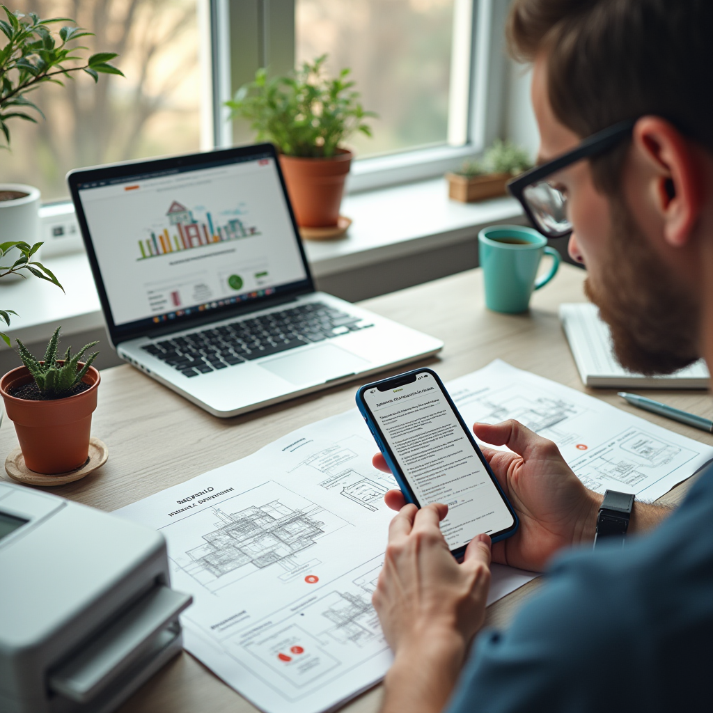 A person is working in a home office, surrounded by architectural plans, a laptop, and potted plants, viewing documents on a smartphone.