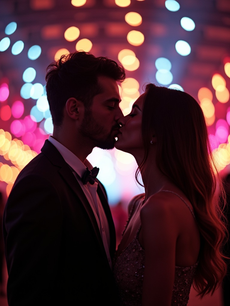 Two people are about to kiss surrounded by colorful string lights against a vibrant backdrop with blurred lights creating a romantic atmosphere