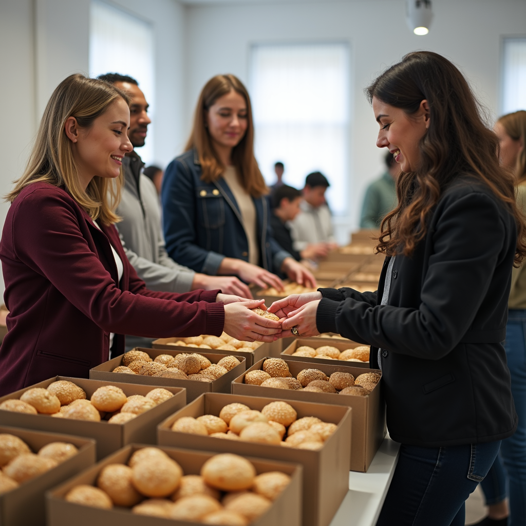 People are gathered, smiling, and distributing boxes filled with bread rolls.