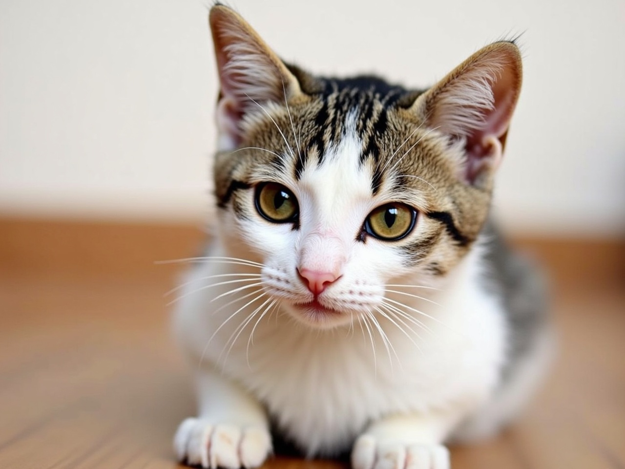 A close-up portrait of a cute tabby kitten lying on the floor, looking directly at the camera with curious eyes.