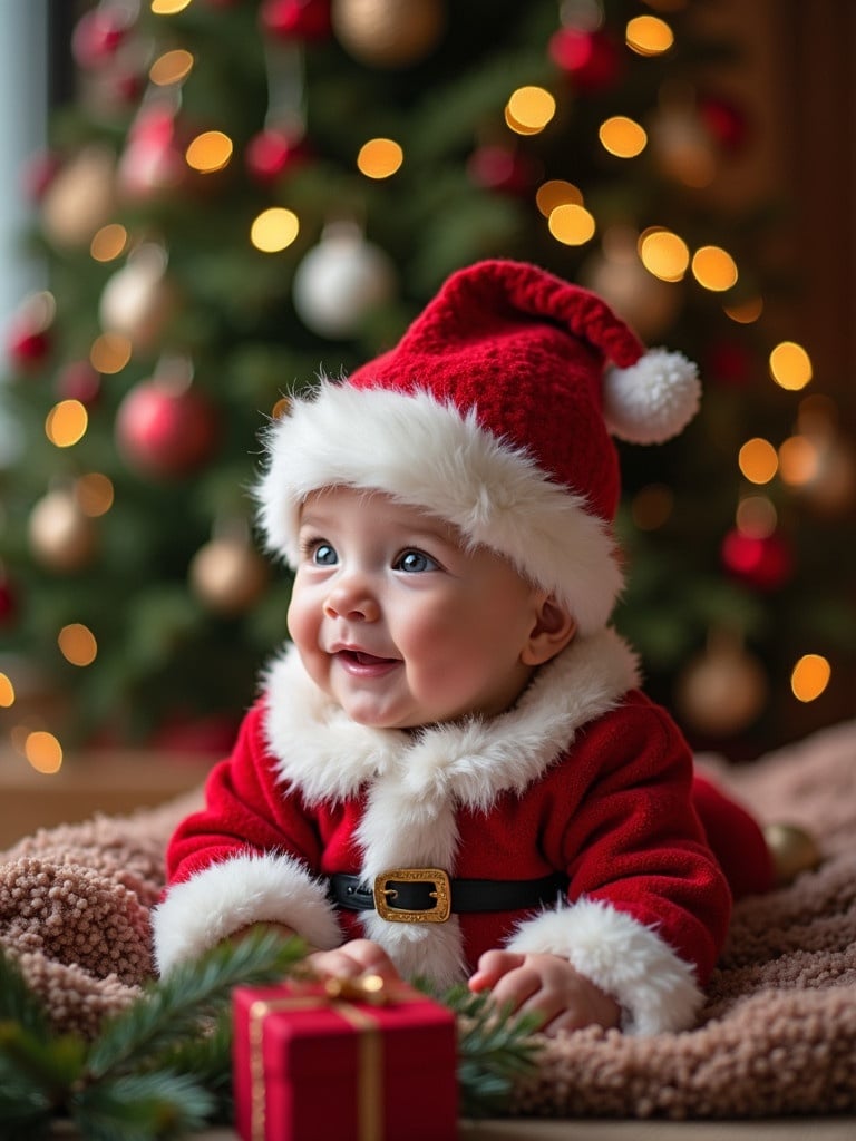 Baby dressed in a Santa Claus outfit. Sitting on a cozy blanket. Surrounded by Christmas decorations. Soft background with a decorated Christmas tree and lights. Tiny wrapped gift in front. Happy festive vibes are surrounding.