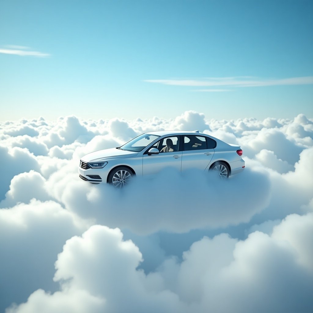 A car floats in clouds. The image depicts a car surrounded by fluffy white clouds against a blue sky.